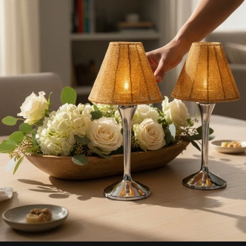 Silver Pedestal Tea Light Candle Holders with Amber Gold Beaded Shades Set of 2